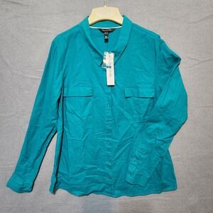 Long Tall‎ Sally Womens Turquoise Linen Button Up Long Sleeve Shirt Size 16
